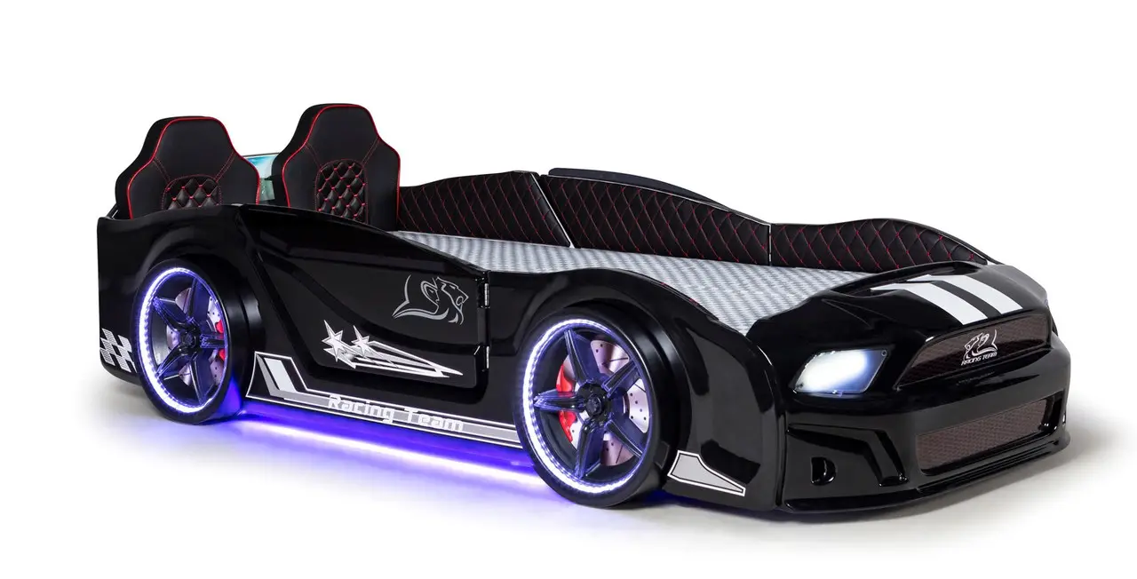 Дитяче ліжко машина Mustang Full Extra Black 190х90 см з підсвічуванням, музикою, шкіряний салон, пультом